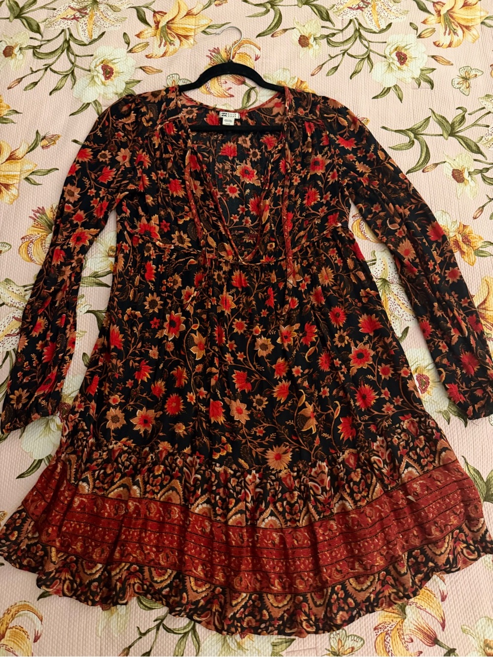 Billabong Floral Long-Sleeve Boho Dress in Black and Rust